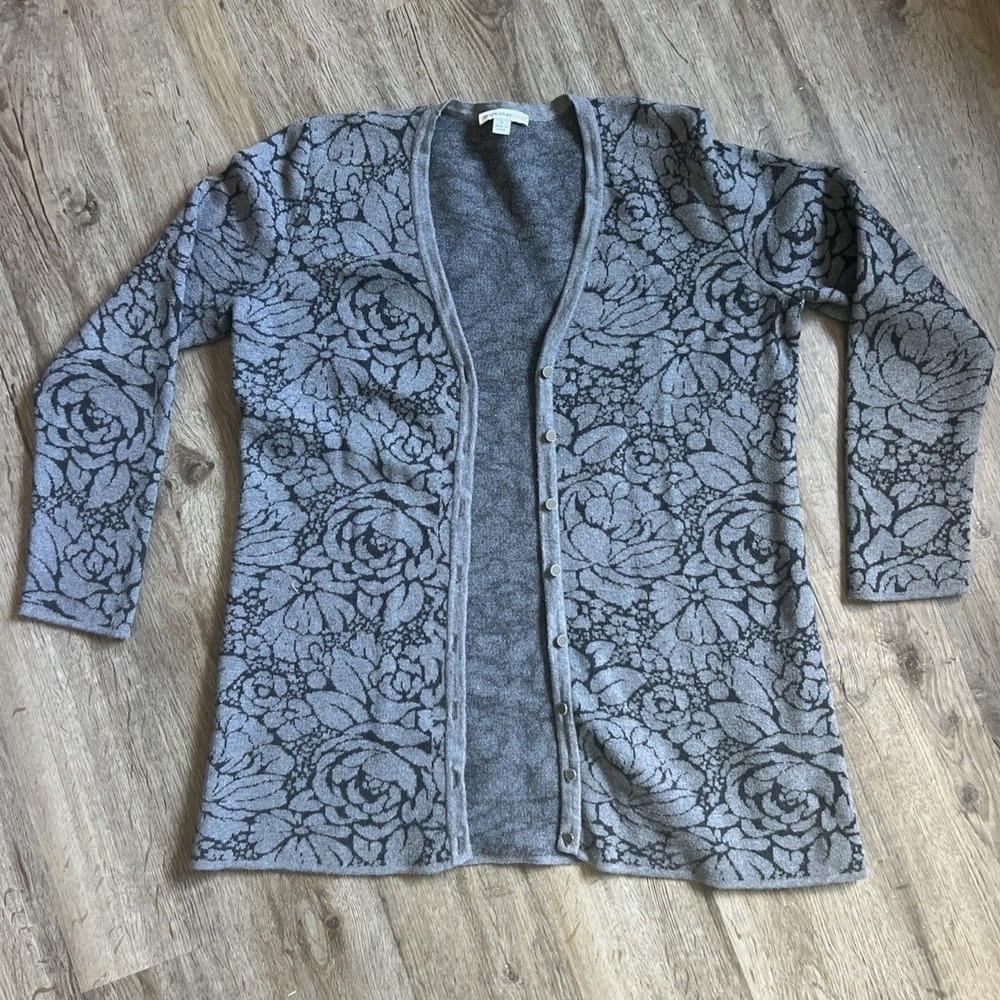 Isaac Mizrahi Live Floral Cardigan Sweater Womens Size S Gray Long Sleeve
